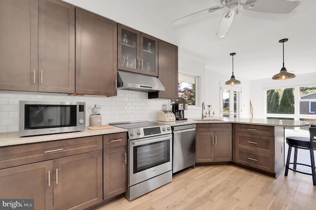 kitchen with under cabinet range hood, stainless steel appliances, a sink, a peninsula, and healthy amount of natural light