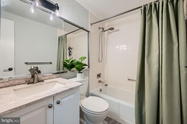 full bathroom with toilet, shower / bath combo with shower curtain, and vanity