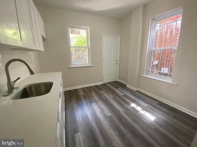 kitchen featuring plenty of natural light, white cabinetry, sink, and dark wood-type flooring