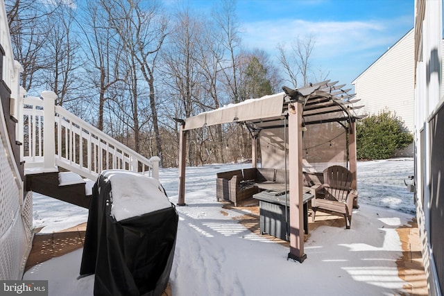 exterior space with a patio, an outdoor hangout area, area for grilling, and a pergola