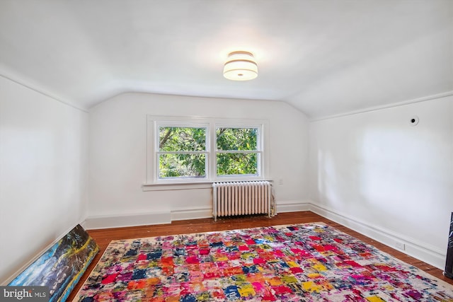 additional living space featuring lofted ceiling, radiator, and dark hardwood / wood-style flooring