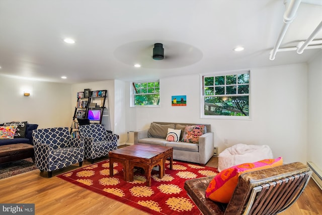 living room featuring ceiling fan and wood-type flooring