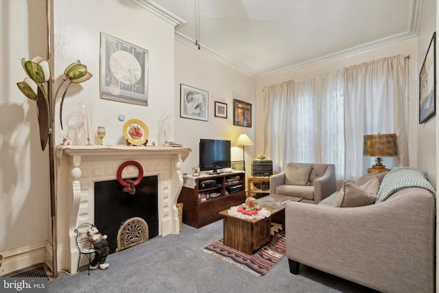 carpeted living room with crown molding