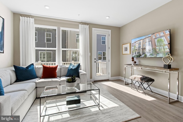 living room with light wood-type flooring and plenty of natural light