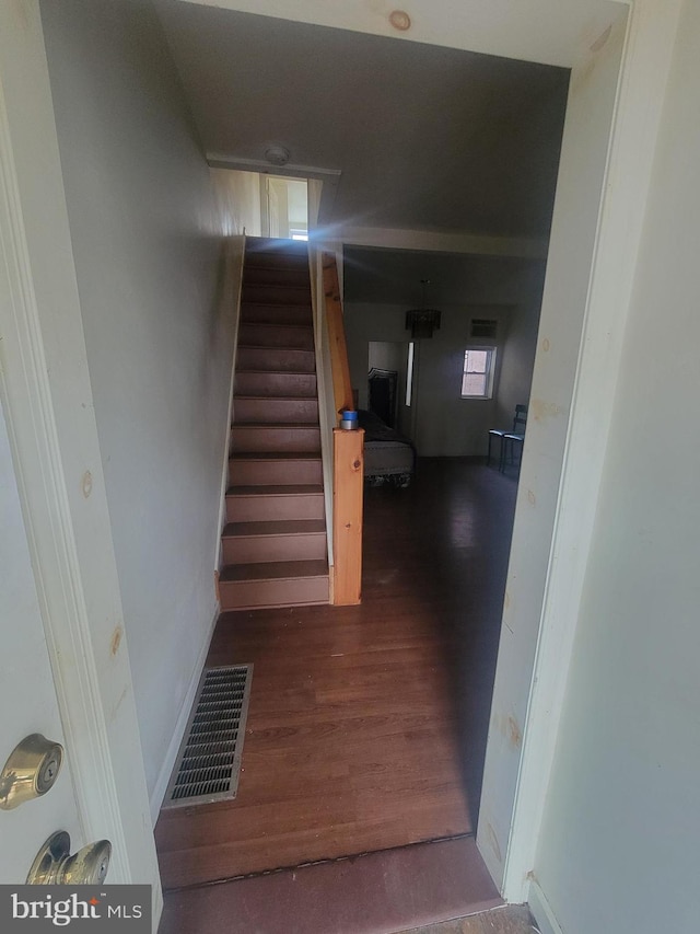 stairs featuring hardwood / wood-style flooring