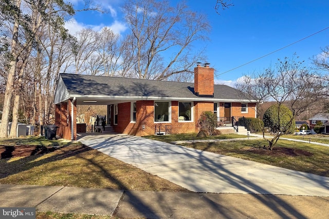 ranch-style house with a front yard and a carport