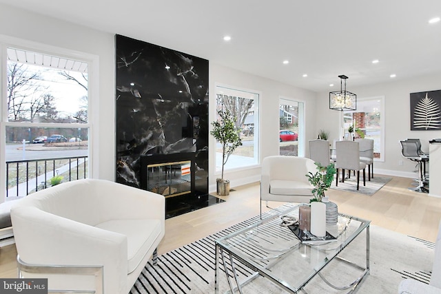 living room with light wood-type flooring and a premium fireplace