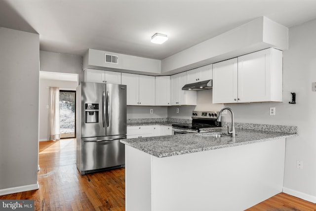 kitchen with white cabinetry, sink, stainless steel appliances, dark hardwood / wood-style flooring, and kitchen peninsula