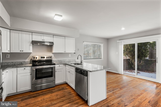 kitchen with sink, kitchen peninsula, appliances with stainless steel finishes, stone countertops, and white cabinetry