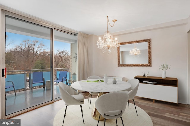 dining room with an inviting chandelier, hardwood / wood-style floors, and floor to ceiling windows