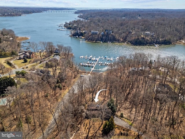 bird's eye view with a forest view and a water view