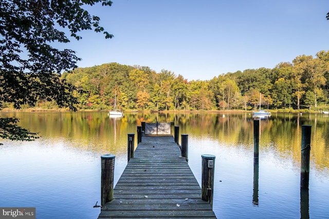 dock area featuring a wooded view and a water view