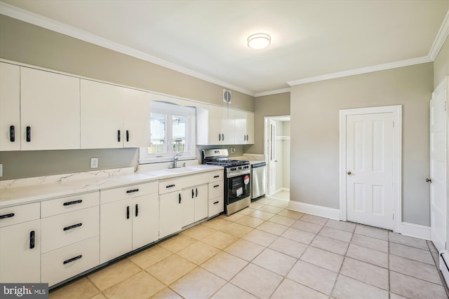 kitchen featuring sink, stainless steel appliances, light tile patterned floors, white cabinets, and ornamental molding