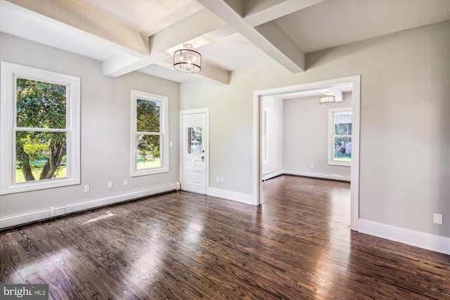 interior space with dark wood-type flooring, a baseboard heating unit, a wealth of natural light, beamed ceiling, and a notable chandelier