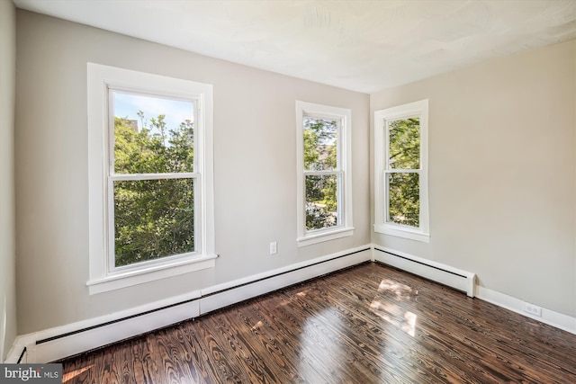 empty room featuring a baseboard radiator and dark wood-type flooring