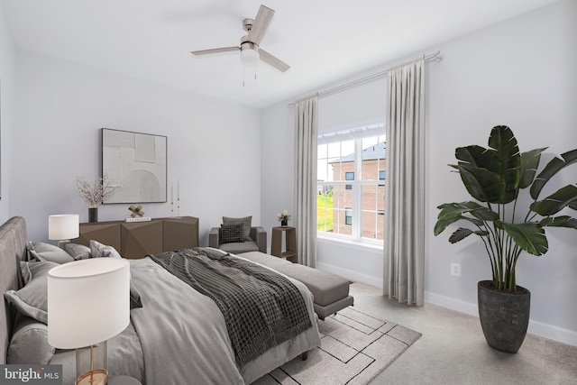 bedroom featuring ceiling fan and light colored carpet