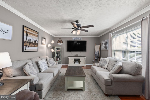 living room with a textured ceiling, hardwood / wood-style floors, ceiling fan, and crown molding