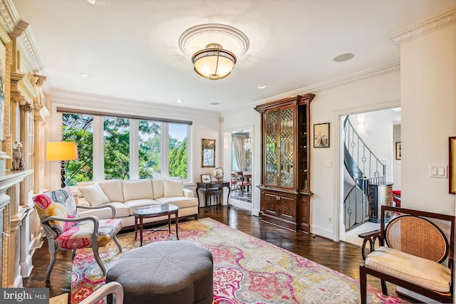 living room with crown molding and dark wood-type flooring