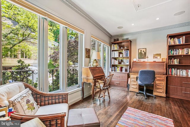 home office featuring dark hardwood / wood-style floors, plenty of natural light, and crown molding