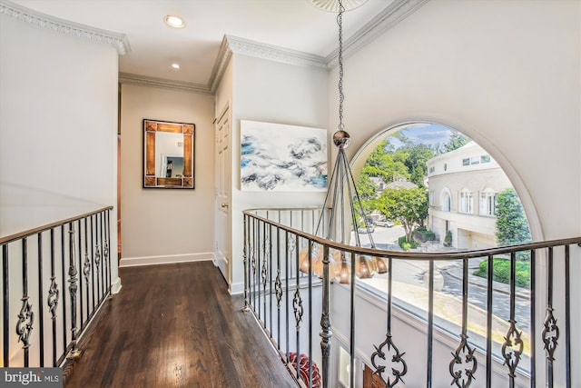 hallway with dark hardwood / wood-style flooring, a wealth of natural light, and crown molding