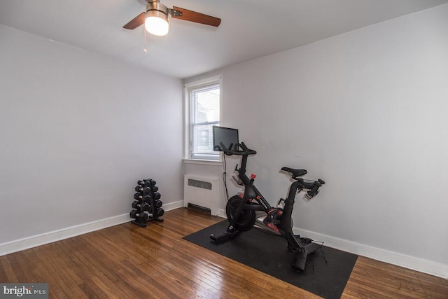 exercise area with ceiling fan, radiator heating unit, and dark hardwood / wood-style flooring