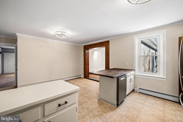 kitchen featuring dishwasher, ornamental molding, and a baseboard radiator