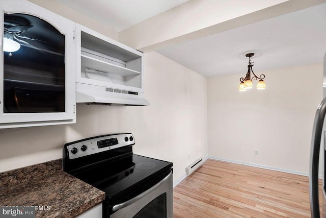 kitchen with pendant lighting, stainless steel electric range, light wood-type flooring, baseboard heating, and custom range hood