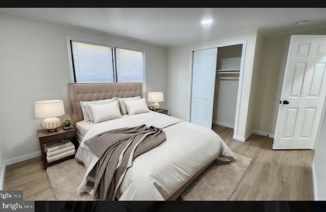 bedroom with a closet and light wood-type flooring