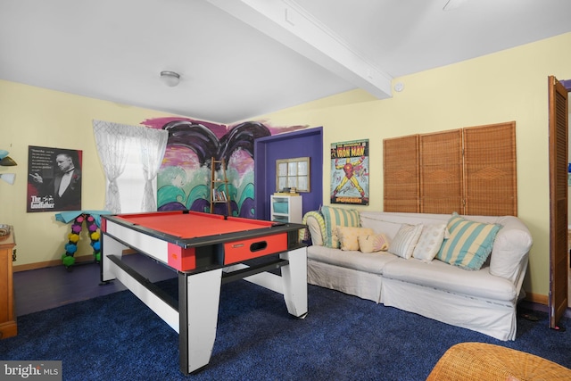 rec room featuring beamed ceiling, dark carpet, and pool table