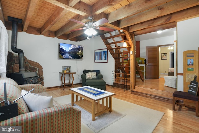 living room with ceiling fan, wooden ceiling, beamed ceiling, light hardwood / wood-style floors, and a wood stove