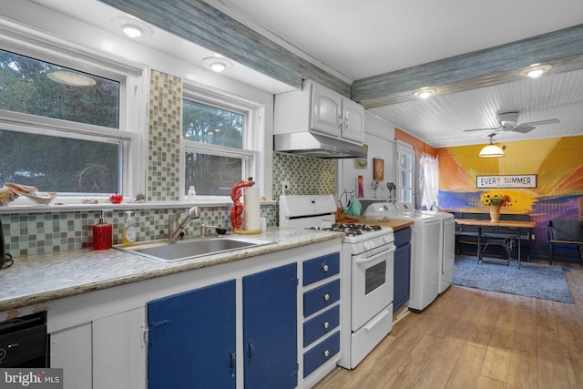 kitchen with backsplash, white range with gas cooktop, sink, light hardwood / wood-style flooring, and white cabinets