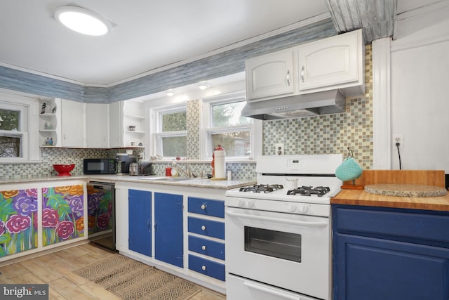 kitchen featuring black appliances, wall chimney exhaust hood, white cabinets, and blue cabinetry