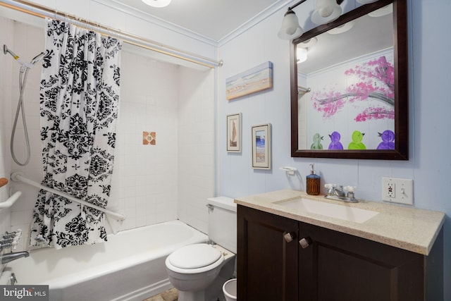 full bathroom with shower / bathtub combination with curtain, vanity, toilet, and ornamental molding