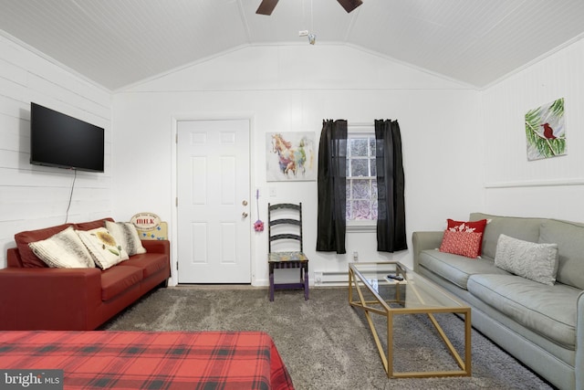 carpeted living room featuring vaulted ceiling, ceiling fan, and wood walls