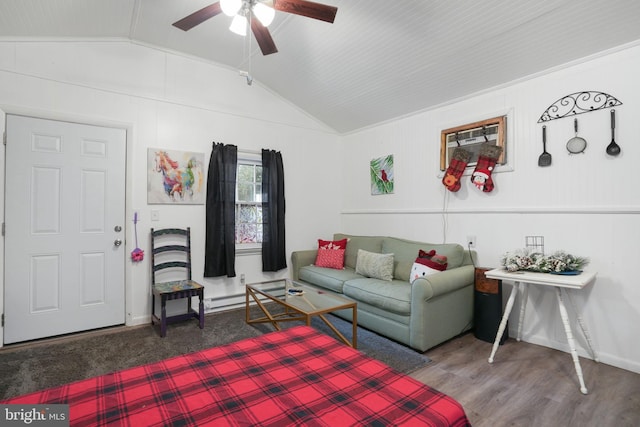 living room with wood-type flooring, ceiling fan, and lofted ceiling