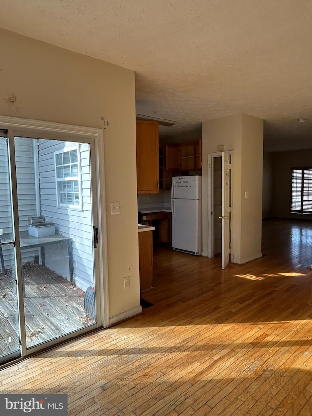 interior space with light wood-type flooring, a textured ceiling, and a wealth of natural light