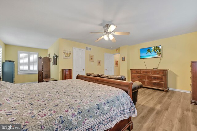 bedroom featuring ceiling fan and light wood-type flooring