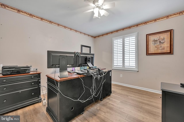 office with ceiling fan and light hardwood / wood-style floors