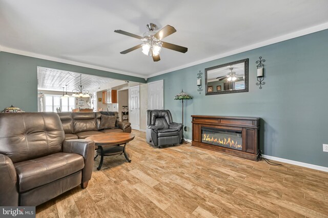 living room with ceiling fan with notable chandelier, light hardwood / wood-style floors, and crown molding