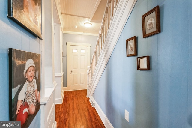 corridor featuring crown molding and dark wood-type flooring