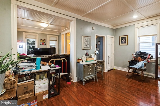 home office with dark wood-type flooring