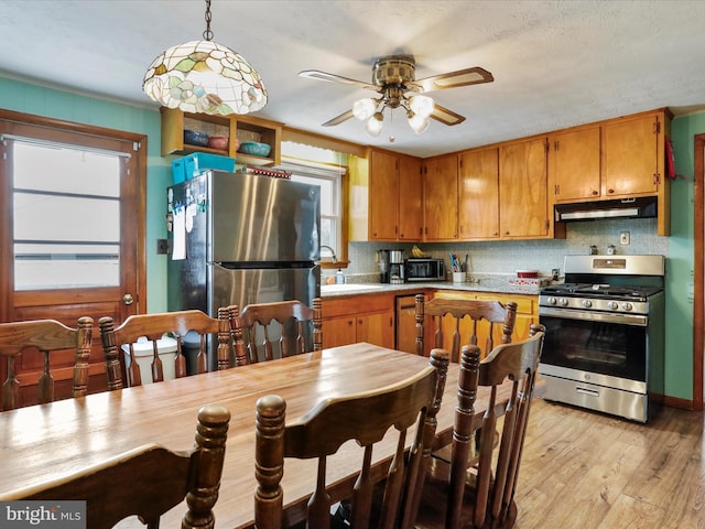 kitchen featuring tasteful backsplash, stainless steel appliances, sink, light hardwood / wood-style flooring, and hanging light fixtures