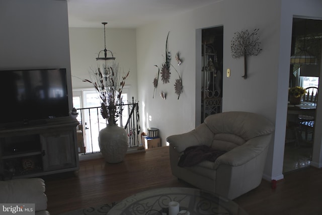 living room with dark hardwood / wood-style flooring