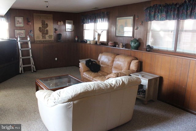 living room with carpet floors and wood walls