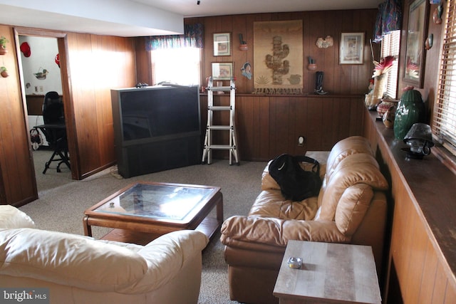 carpeted living room with wooden walls