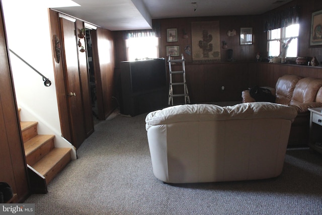 carpeted living room with wood walls and a wealth of natural light