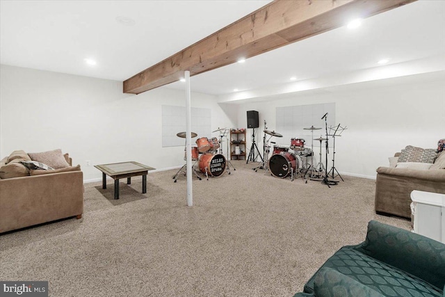 interior space featuring carpet and beam ceiling