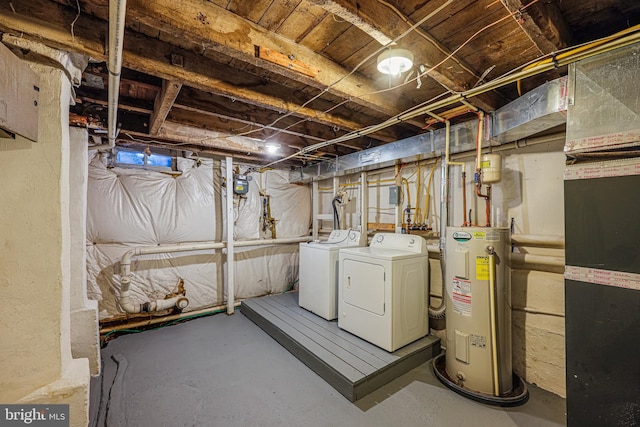 unfinished basement featuring electric water heater and washer and clothes dryer