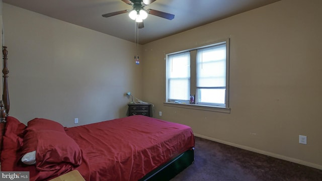 bedroom featuring ceiling fan, pool table, and dark carpet