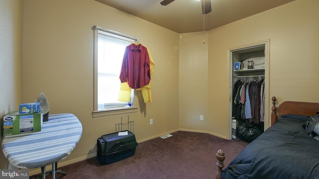 carpeted bedroom with ceiling fan, multiple windows, and a closet